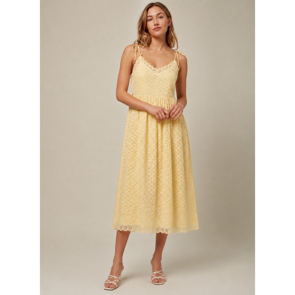 LK BENNETT Francoise Eyelet Cotton Tie Strap Midi Dress Sunny Yellow Sz 12